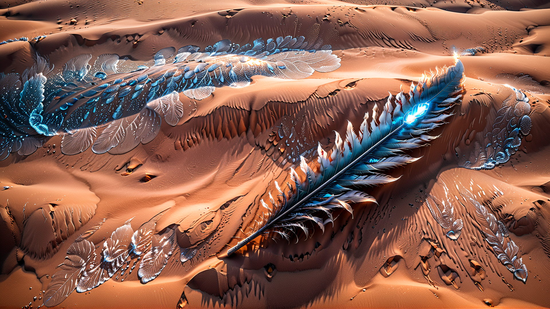 AI generated wallpaper featuring feather, sand, desert