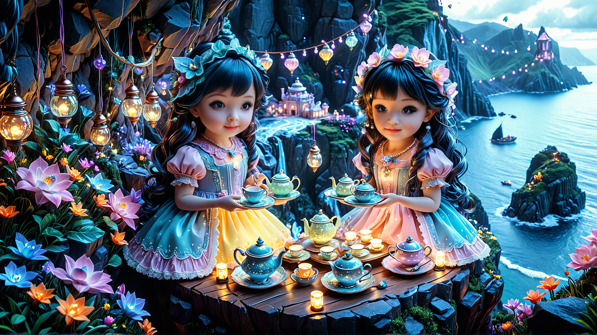 AI generated wallpaper featuring girls, tea set, fairyland