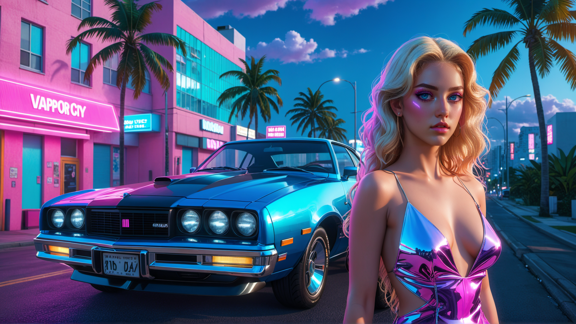 AI generated wallpaper featuring woman, car, palm trees