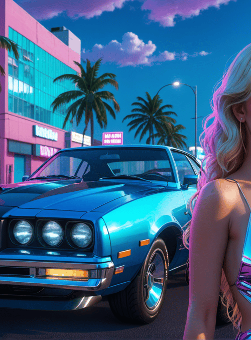 woman, car, palm trees