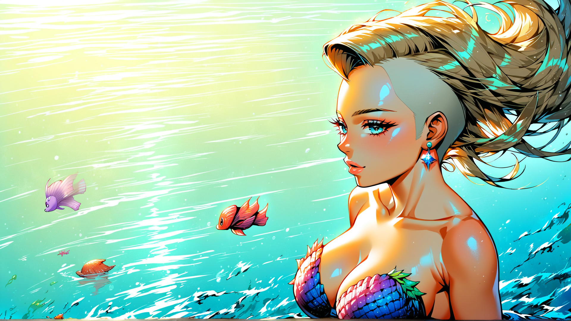 AI generated wallpaper featuring mermaid, fish, ocean, water, hair