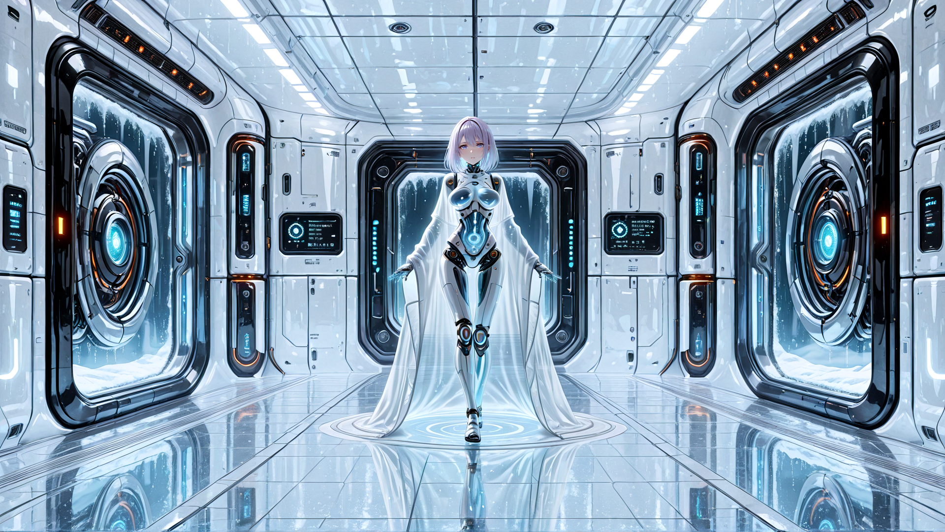 AI generated wallpaper featuring robot, cyberpunk, futuristic, spaceship, saiyan, anime, glowing, gown, corridor, gears