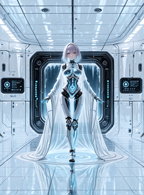 robot, cyberpunk, futuristic, spaceship, saiyan, anime, glowing, gown, corridor, gears