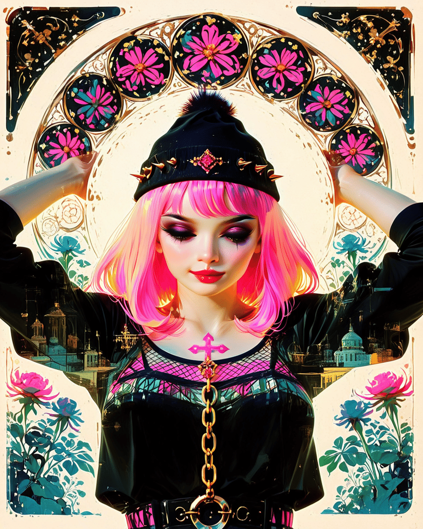 AI generated wallpaper featuring woman, flowers, gloves, chain, hat, cross, cityscape, plants, dress, bouquet