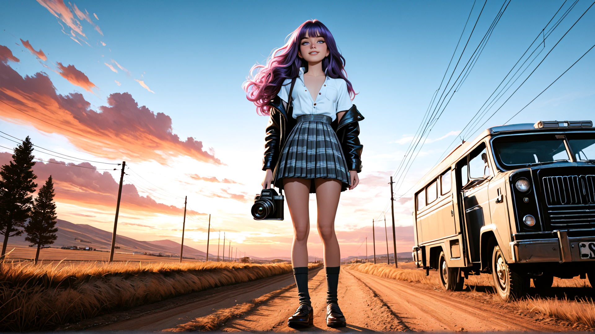 AI generated wallpaper featuring girl, camera, bus, skirt, leather jacket, trees, road, sky, mountains, clouds
