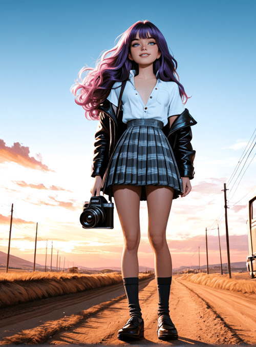 girl, camera, bus, skirt, leather jacket, trees, road, sky, mountains, clouds