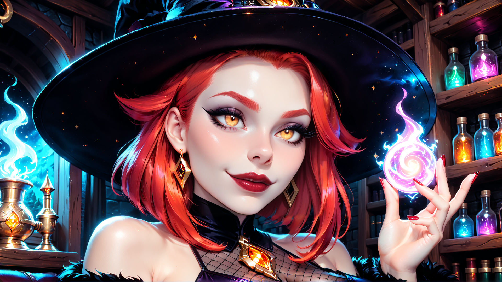 AI generated wallpaper featuring witch, hat, bottle, fire, gem, earring, hair, hand, bookshelf, lamp