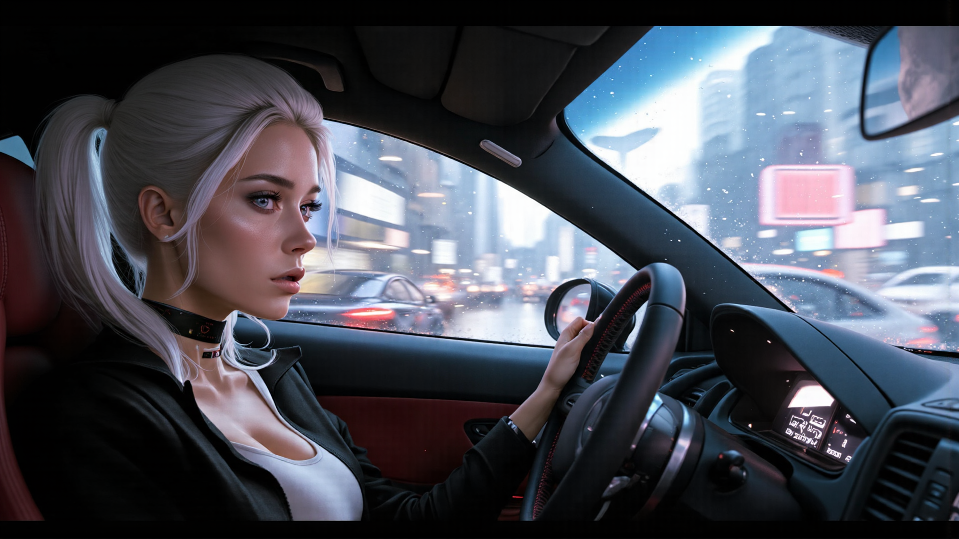 AI generated wallpaper featuring driver, woman, car, city, steering wheel, rain, traffic, digital billboards, ponytail, choker