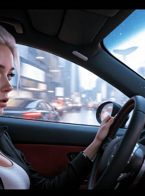 driver, woman, car, city, steering wheel, rain, traffic, digital billboards, ponytail, choker