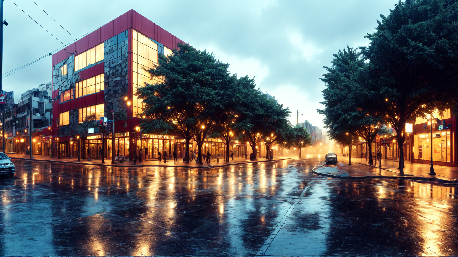 AI generated wallpaper featuring street, building, tree, car, light, window, pedestrian, sidewalk, lamp, reflection