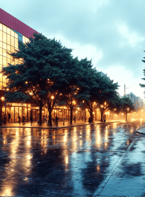 street, building, tree, car, light, window, pedestrian, sidewalk, lamp, reflection