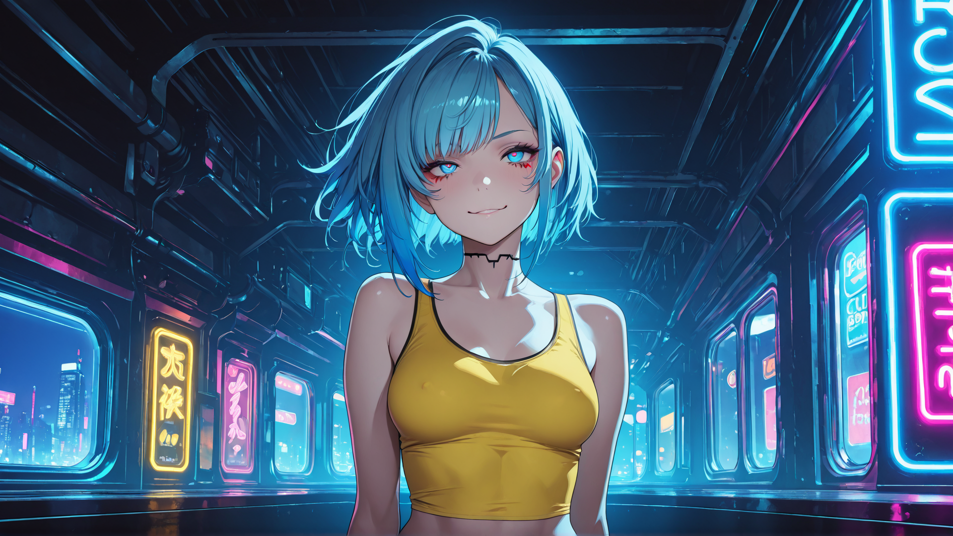 AI generated wallpaper featuring girl, neon, city, cyberpunk, anime