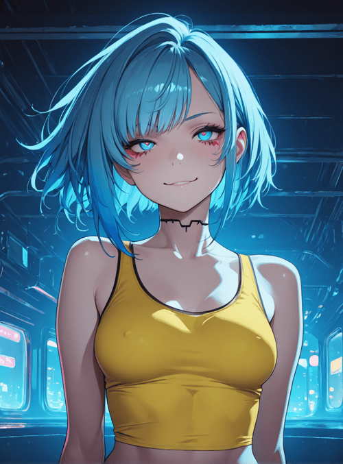 girl, neon, city, cyberpunk, anime