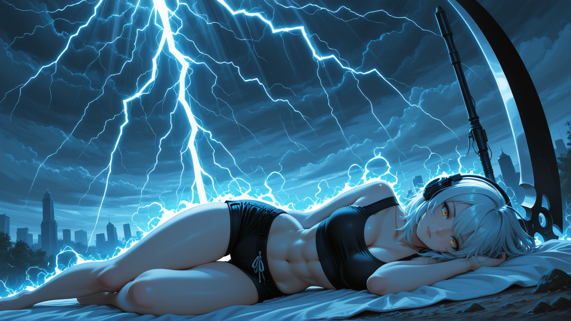 AI generated wallpaper featuring woman, anime, lightning, cityscape, headphones, sword, bikini, clouds