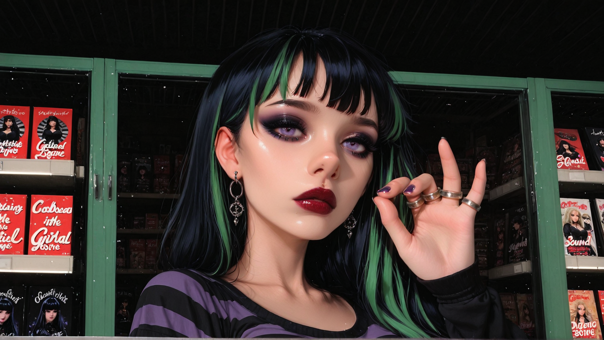 AI generated wallpaper featuring woman, hair, hand, earring, ring, shirt