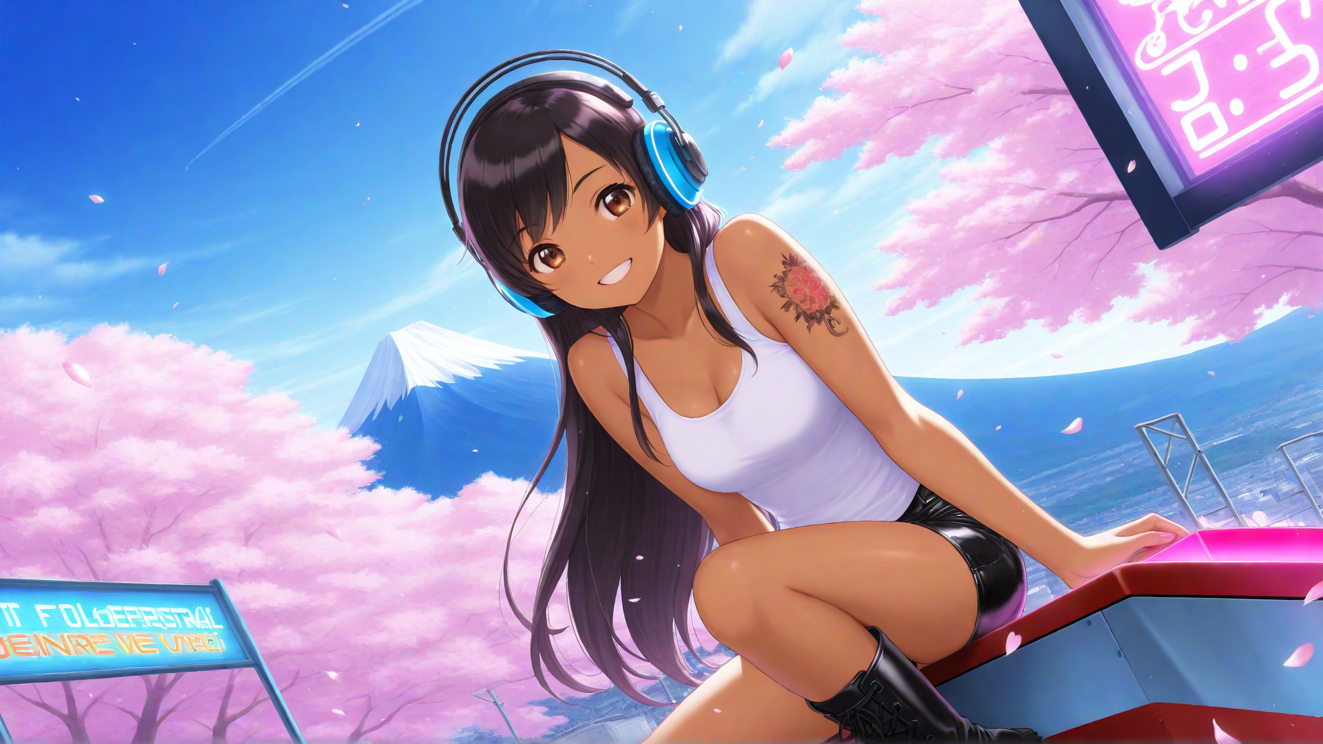 AI generated wallpaper featuring anime girl, headphones, cherry blossoms