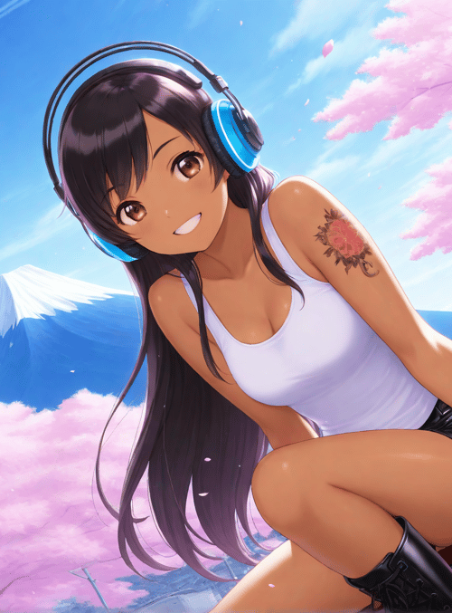 anime girl, headphones, cherry blossoms