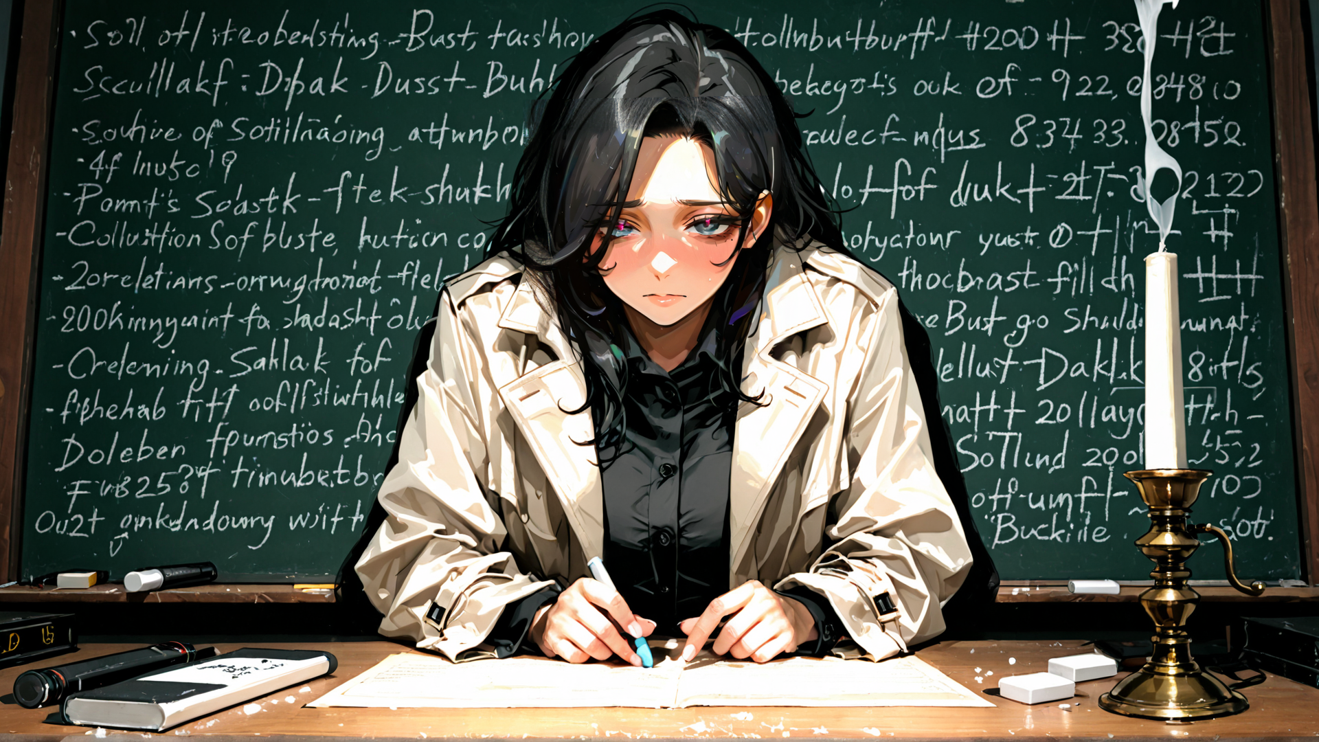 AI generated wallpaper featuring woman, chalkboard, candle