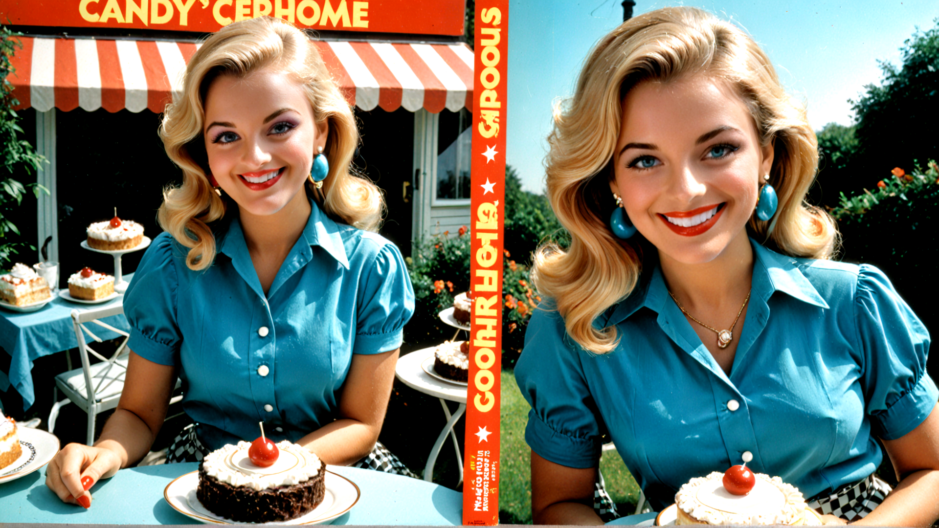 AI generated wallpaper featuring woman, cake, shop, table, cherry, dress, earring, shirt, garden, sign