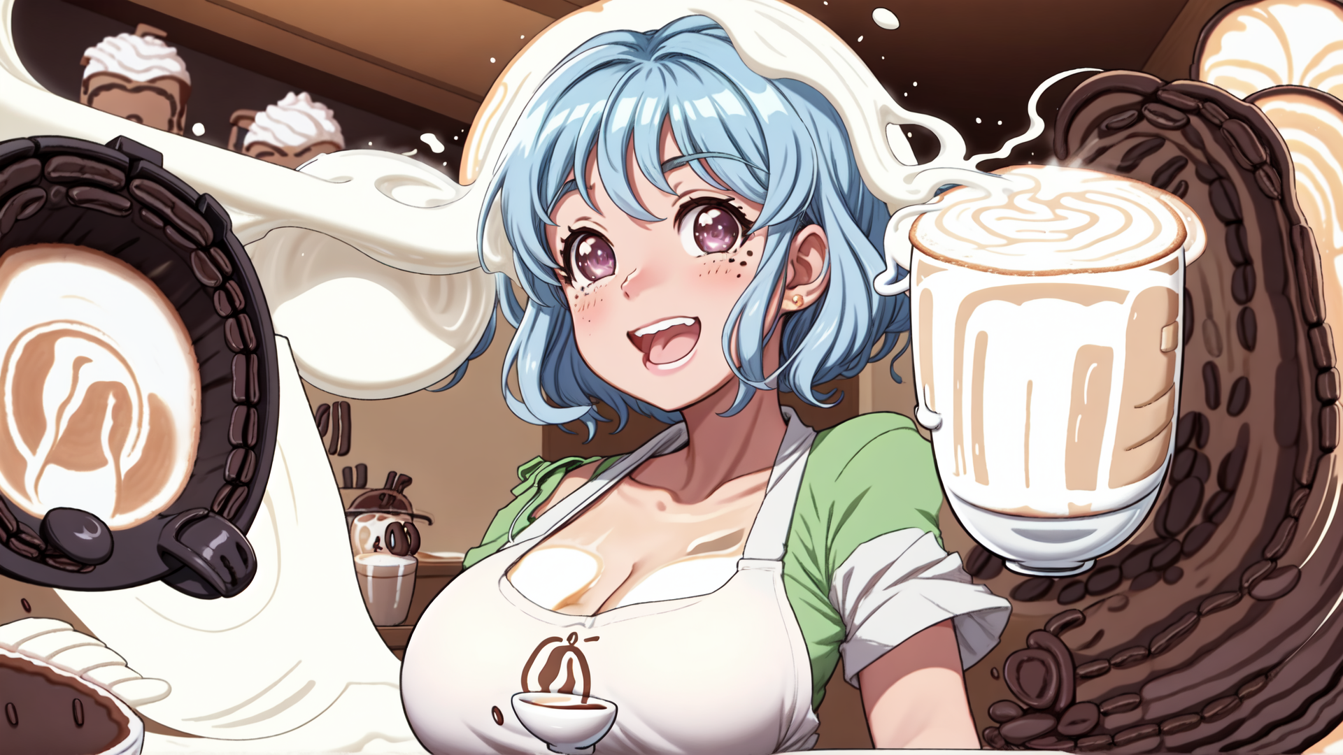 AI generated wallpaper featuring girl, barista, coffee, milk, cup, cake, latte, apron, chocolate, beans