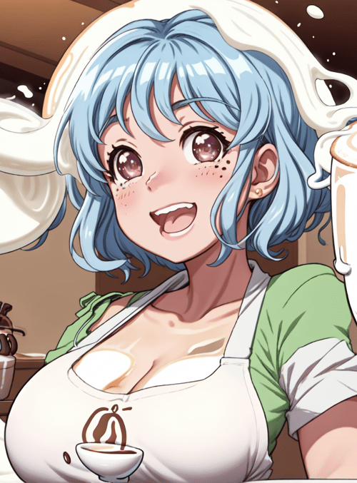 girl, barista, coffee, milk, cup, cake, latte, apron, chocolate, beans