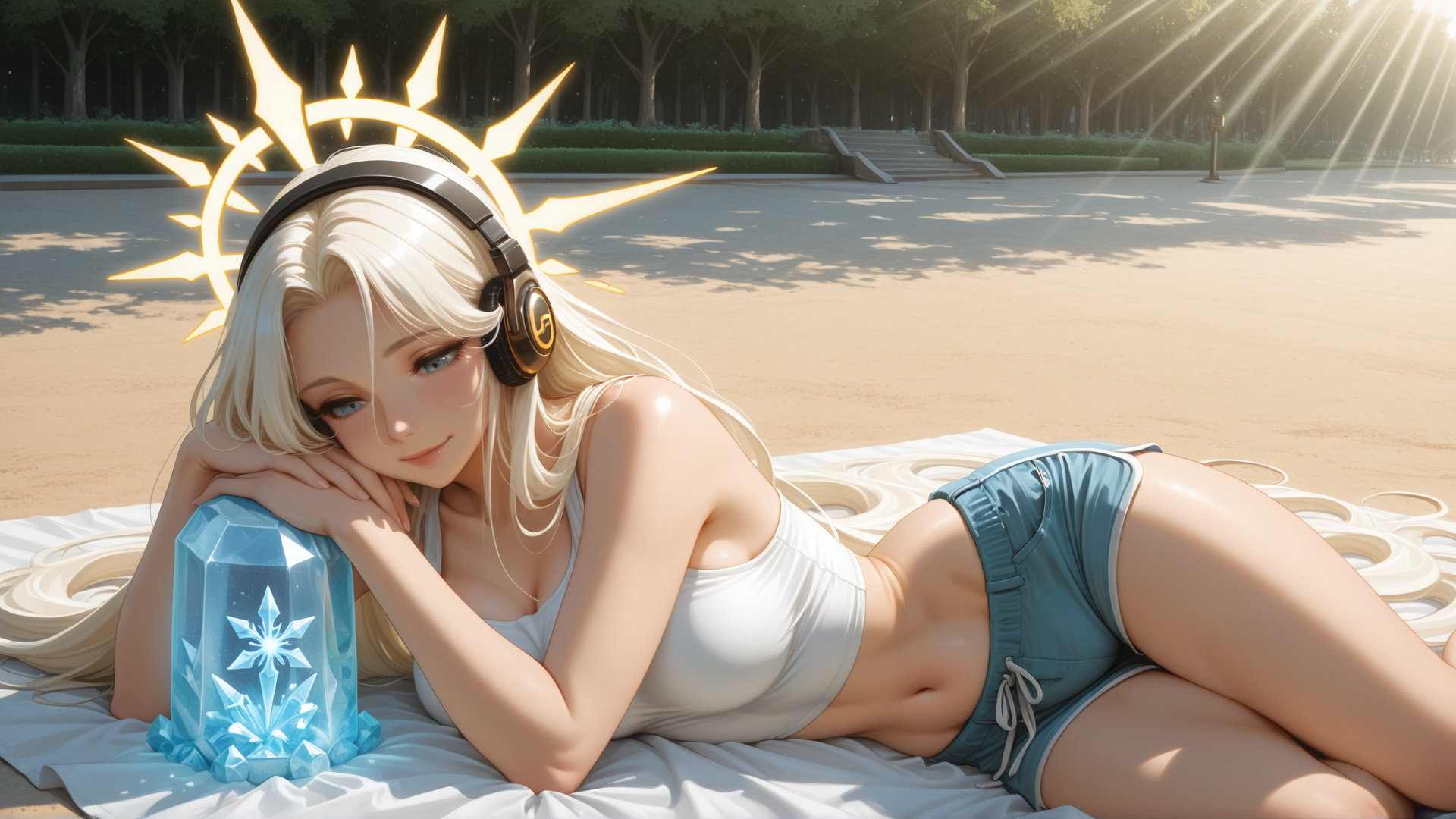 AI generated wallpaper featuring woman, headphones, crystal, sun, trees, blanket, shorts, top, hair, sunlight