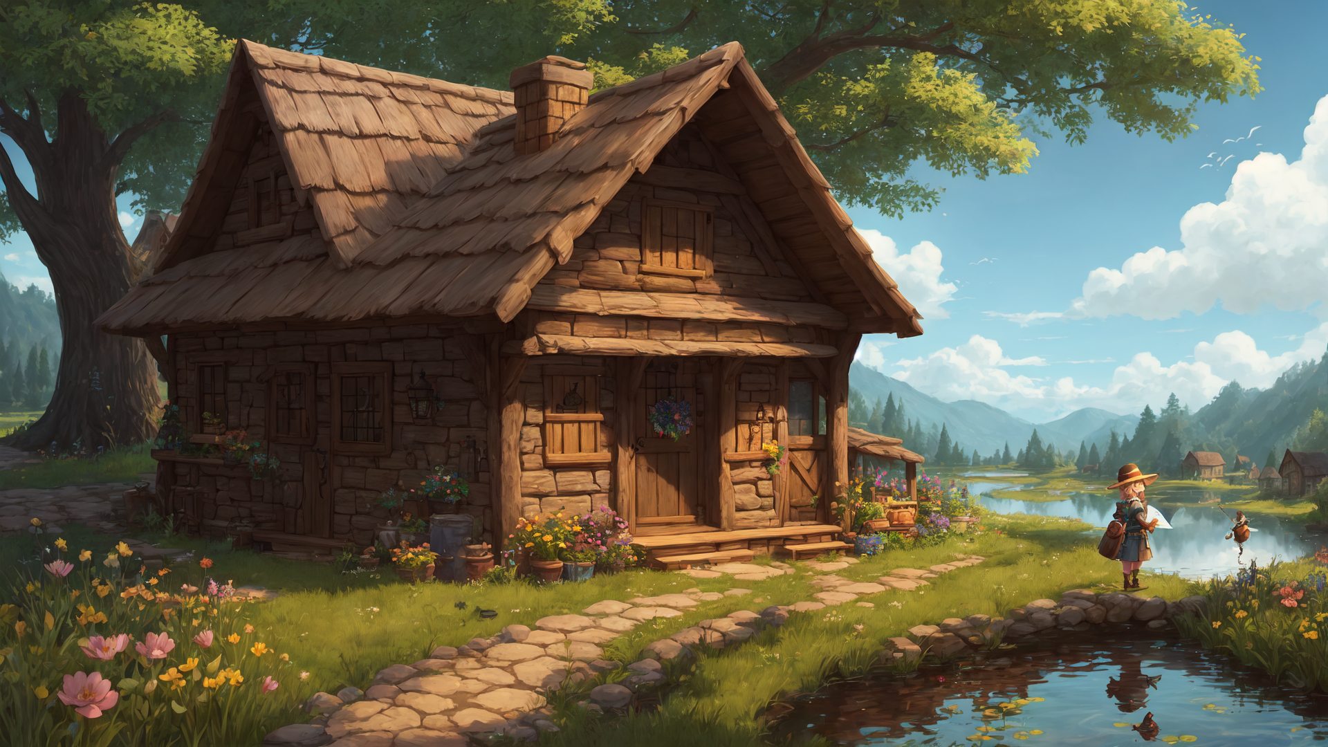 AI generated wallpaper featuring house, garden, river, tree, child, flowers, stone path, mountains, sky, fishing