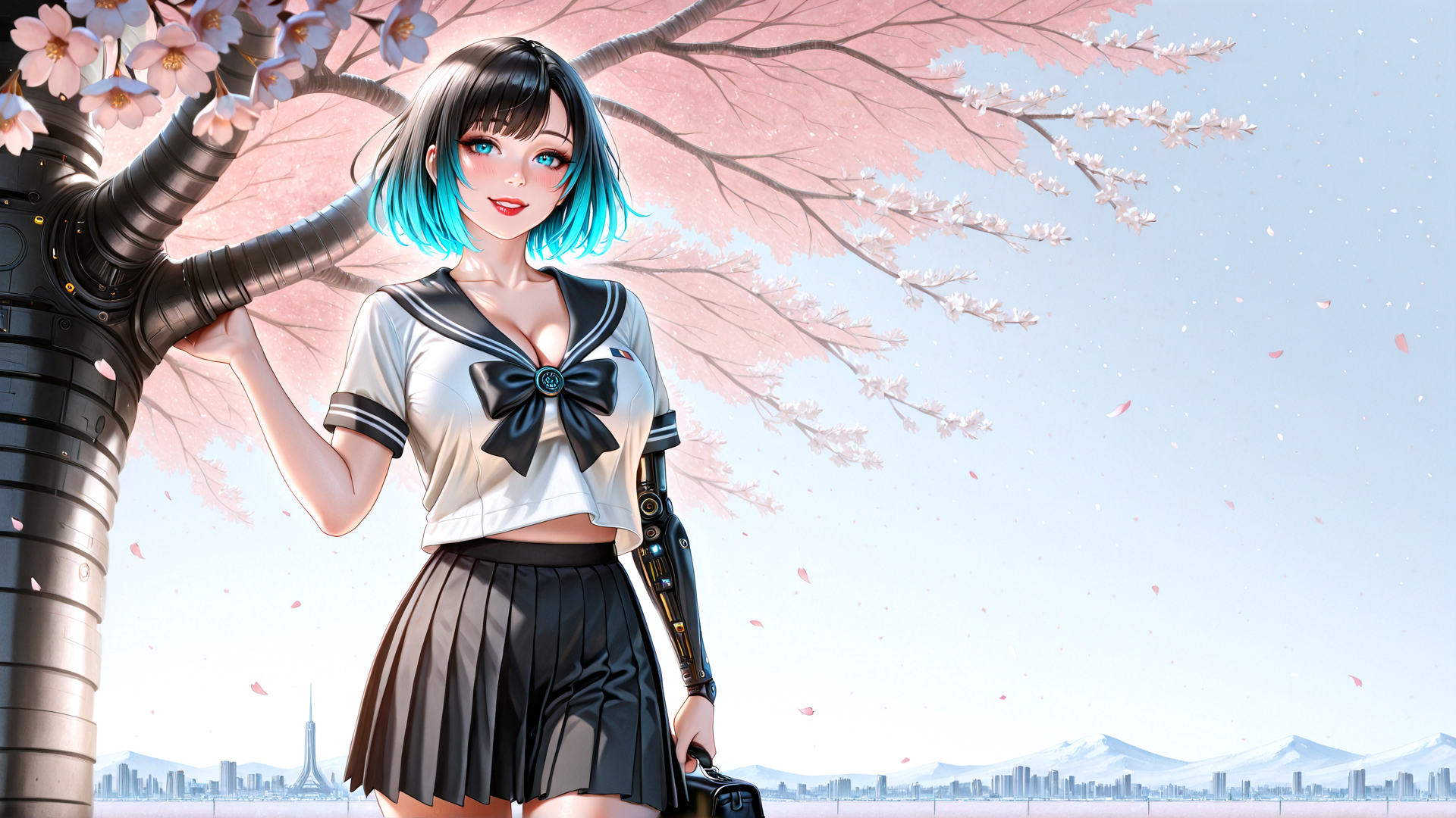 AI generated wallpaper featuring girl, sailor uniform, cherry blossom, mechanical arm, cityscape, mountain