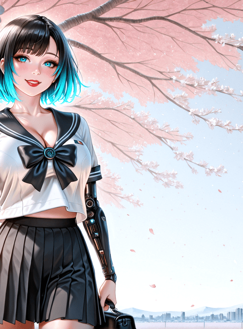 girl, sailor uniform, cherry blossom, mechanical arm, cityscape, mountain