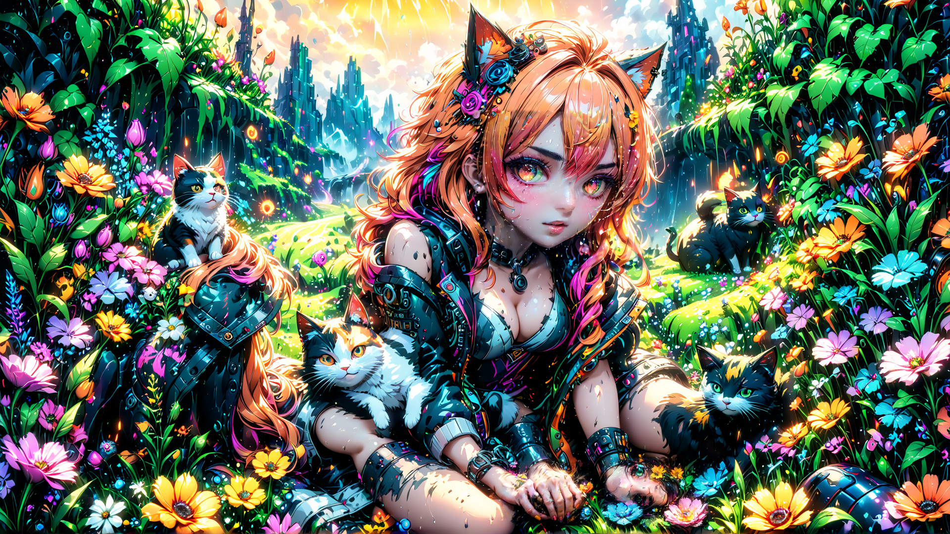 AI generated wallpaper featuring catgirl, cats, flowers