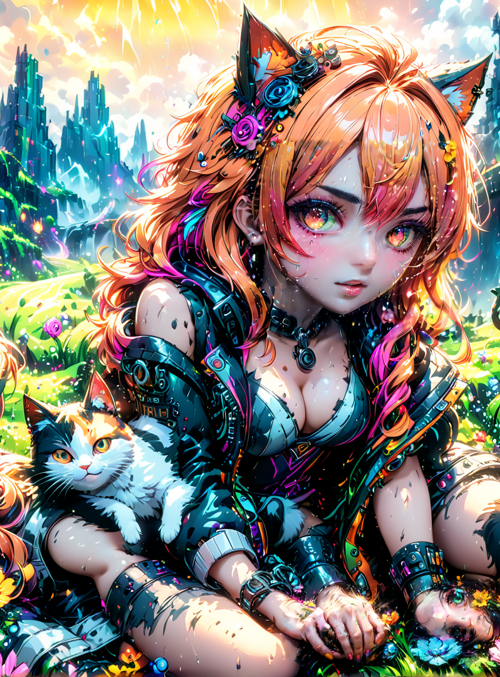 catgirl, cats, flowers