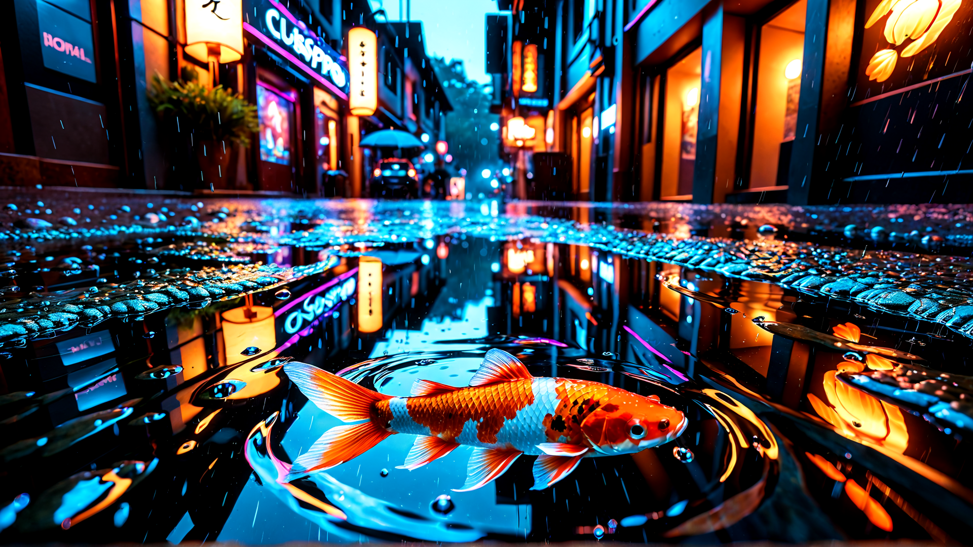 AI generated wallpaper featuring fish, street, rain, sign, reflection, building, water, car, umbrella, light