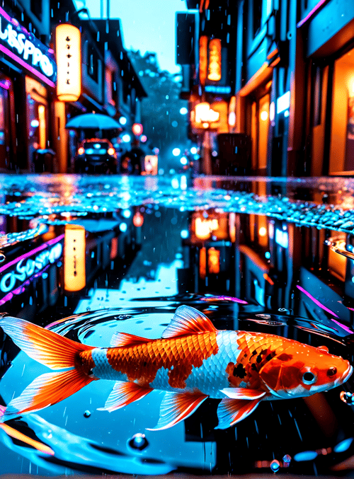 fish, street, rain, sign, reflection, building, water, car, umbrella, light