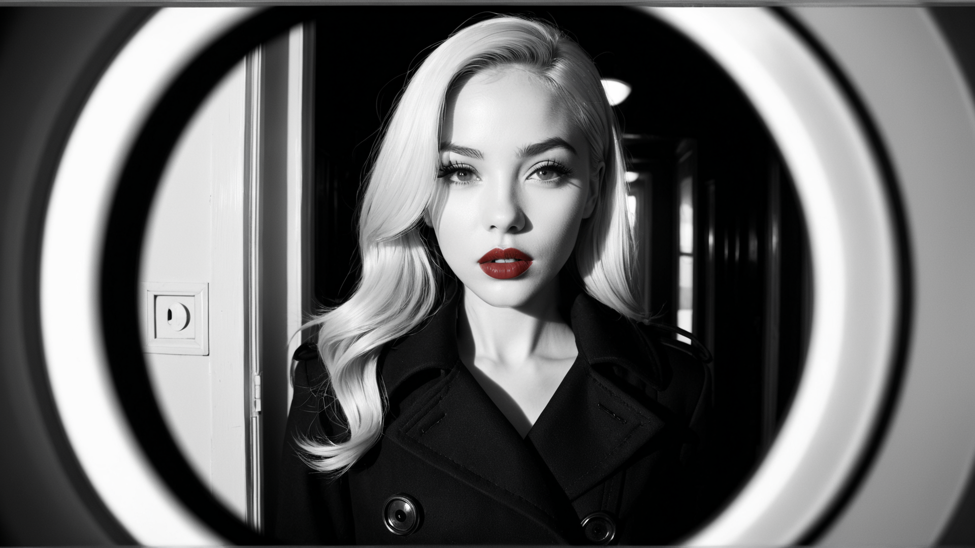 AI generated wallpaper featuring woman, blonde, coat, mirror, door
