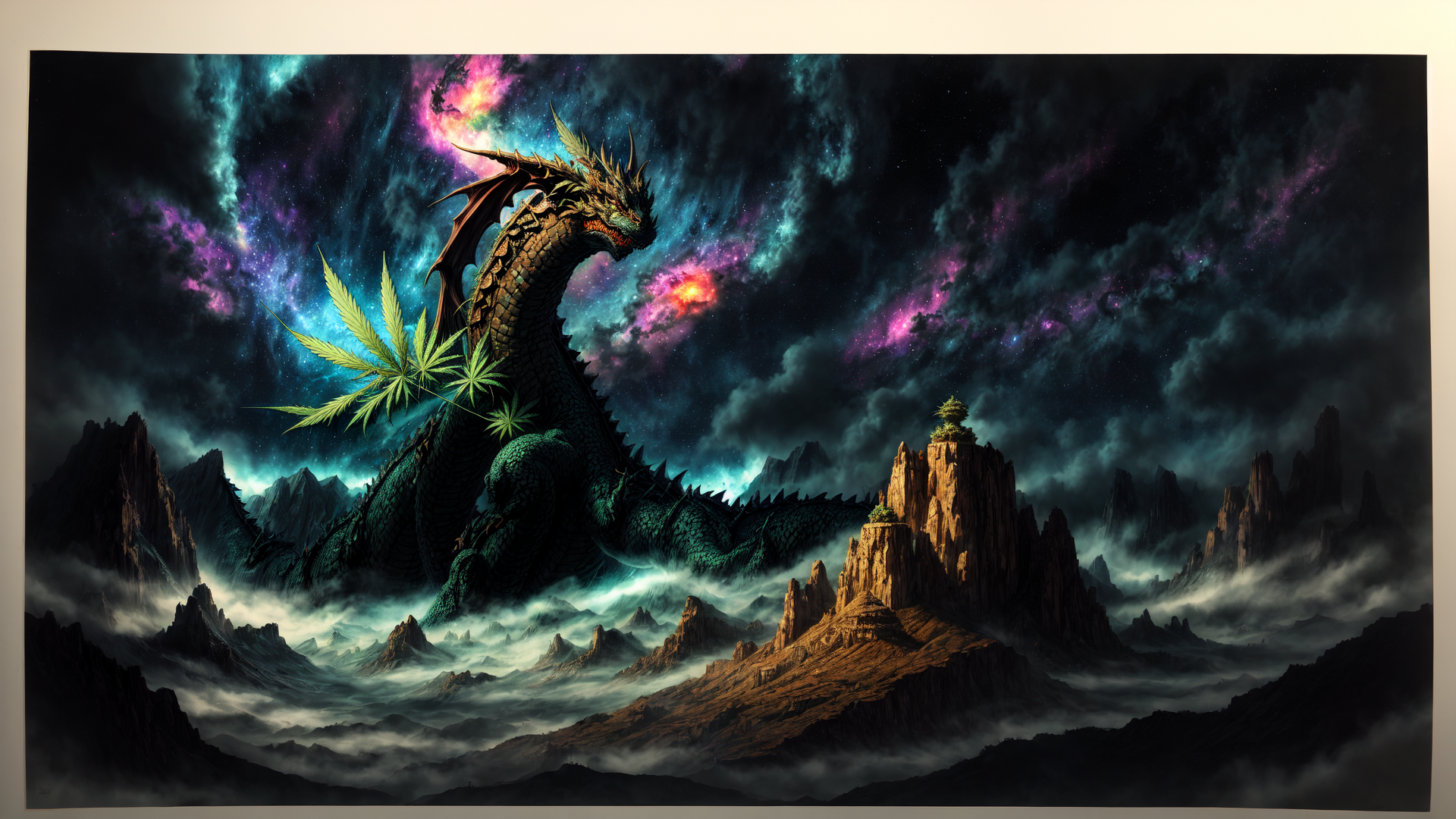 AI generated wallpaper featuring dragon, marijuana leaves, mountains, galaxy, clouds, rock formation