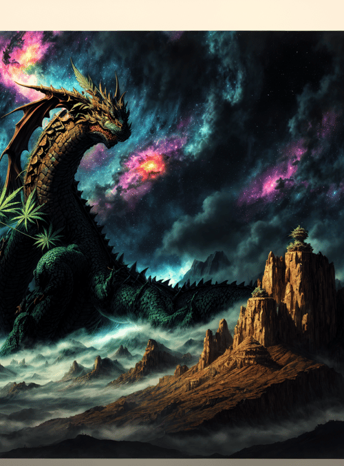 dragon, marijuana leaves, mountains, galaxy, clouds, rock formation