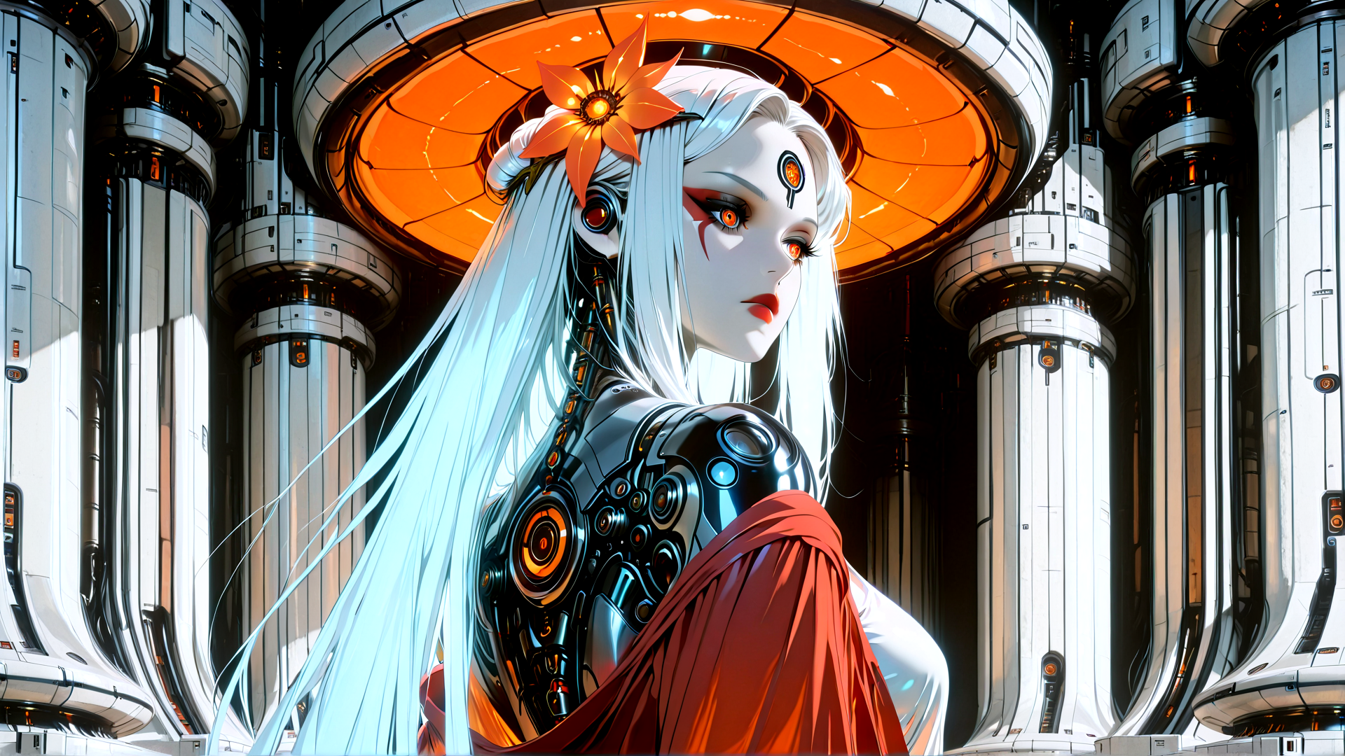 AI generated wallpaper featuring cyborg, woman, flower, mechanical, neon, structure, cyberpunk, figure, diorama, futuristic