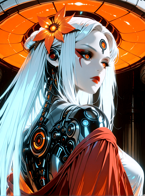 cyborg, woman, flower, mechanical, neon, structure, cyberpunk, figure, diorama, futuristic