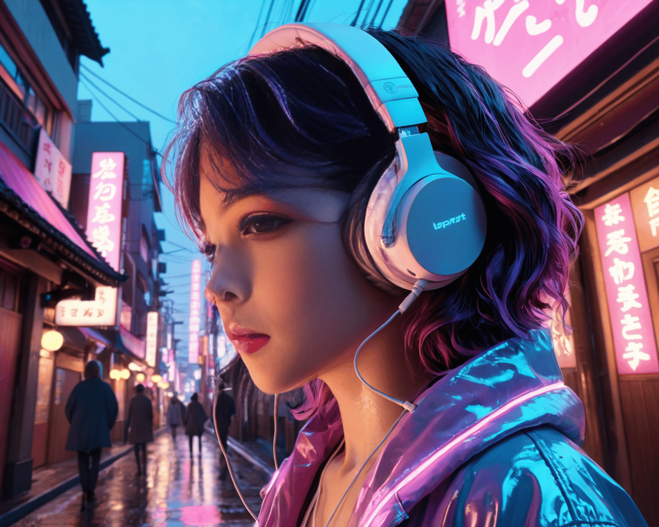 AI generated wallpaper featuring girl, headphones, street