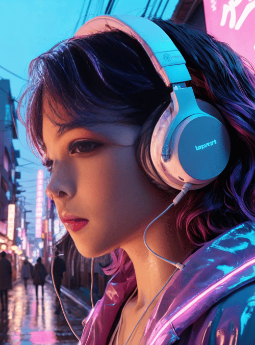 girl, headphones, street