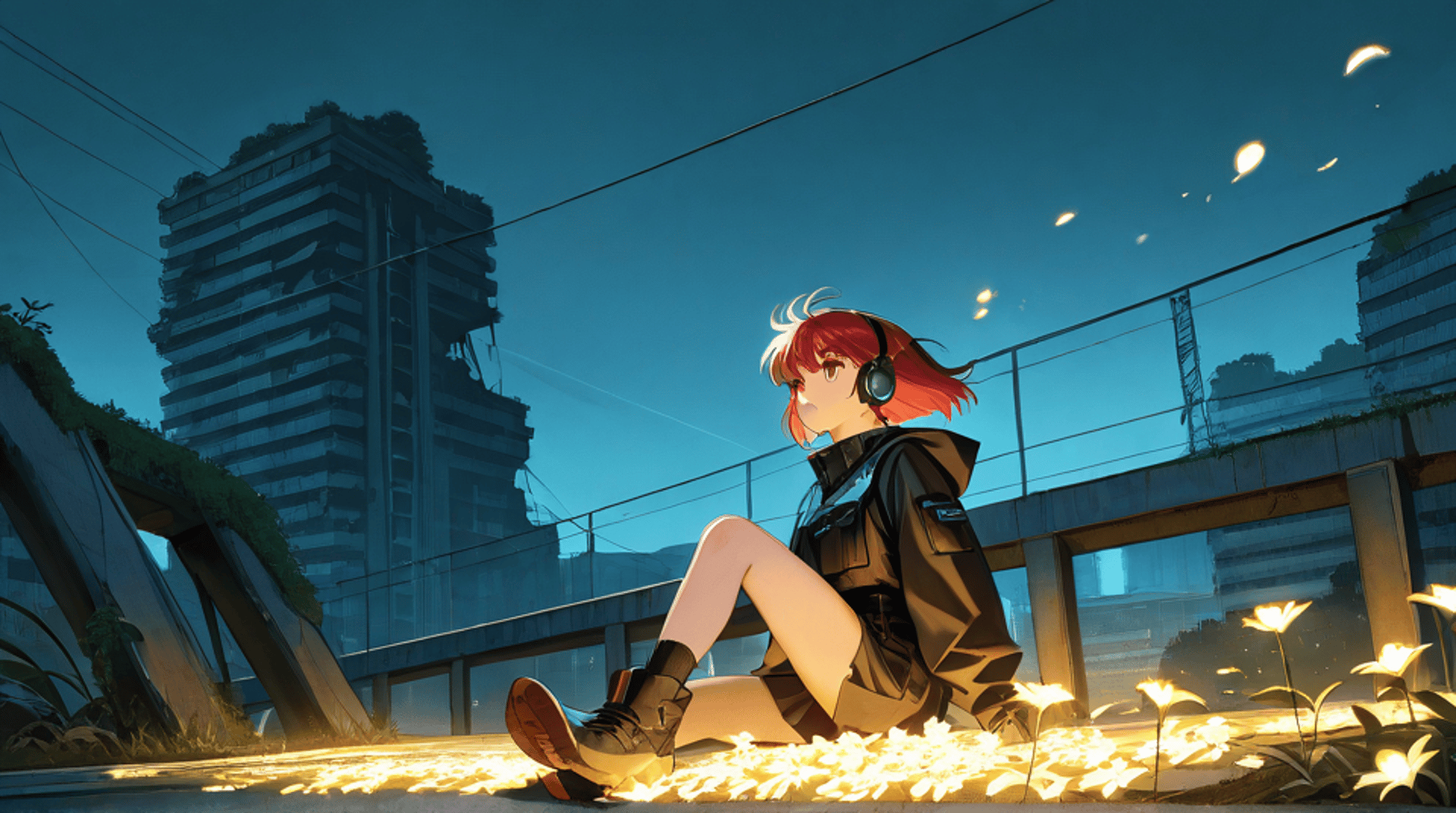 AI generated wallpaper featuring girl, headphones, city