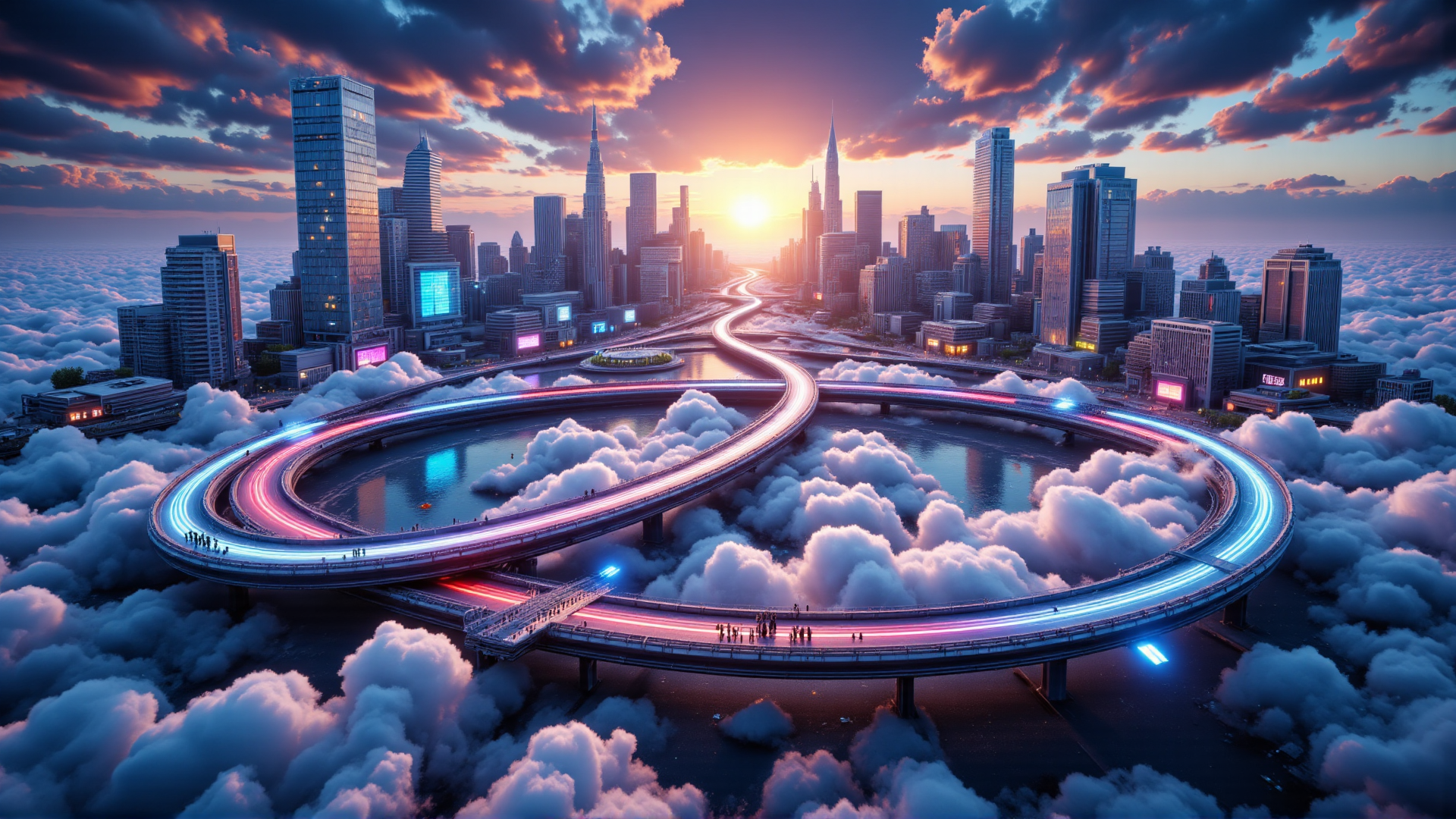 AI generated wallpaper featuring cityscape, bridge, clouds