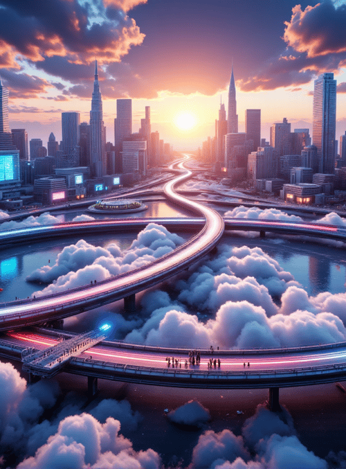 cityscape, bridge, clouds