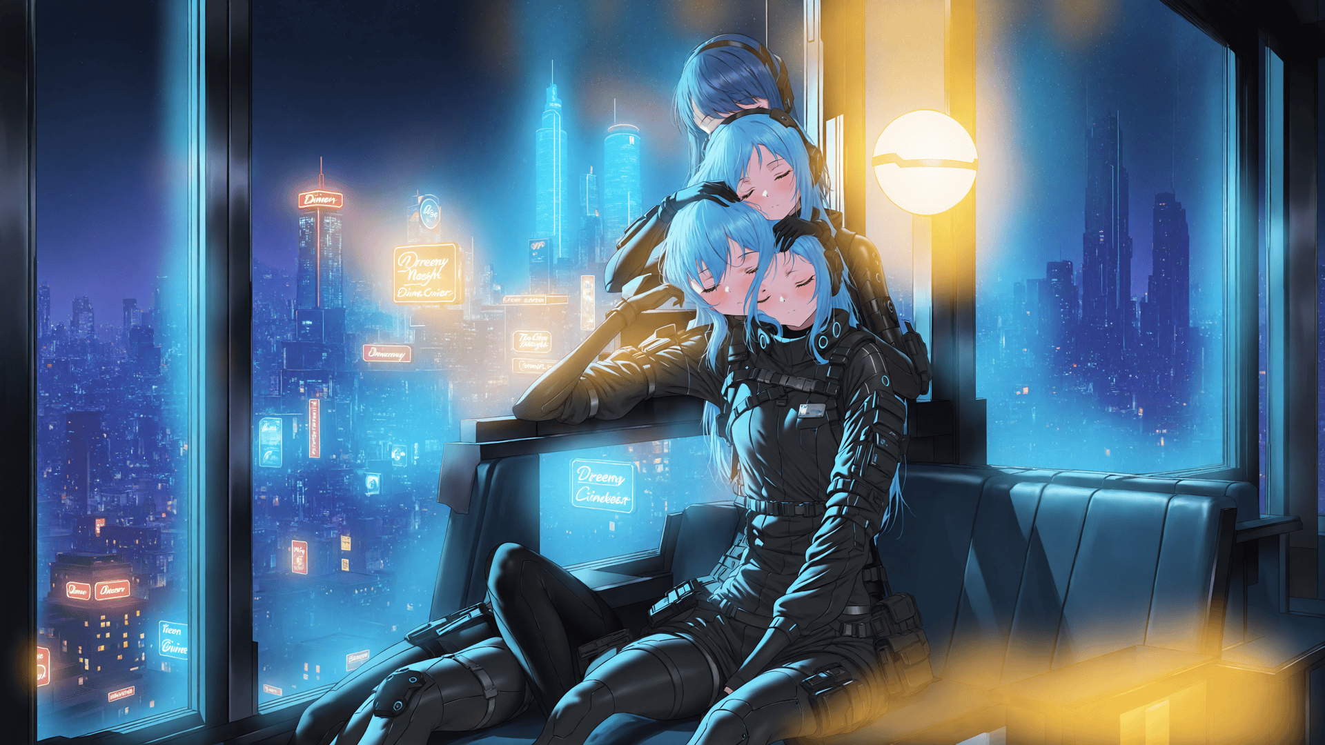 AI generated wallpaper featuring anime characters, cyberpunk, cityscape