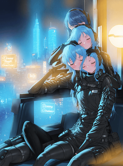 anime characters, cyberpunk, cityscape