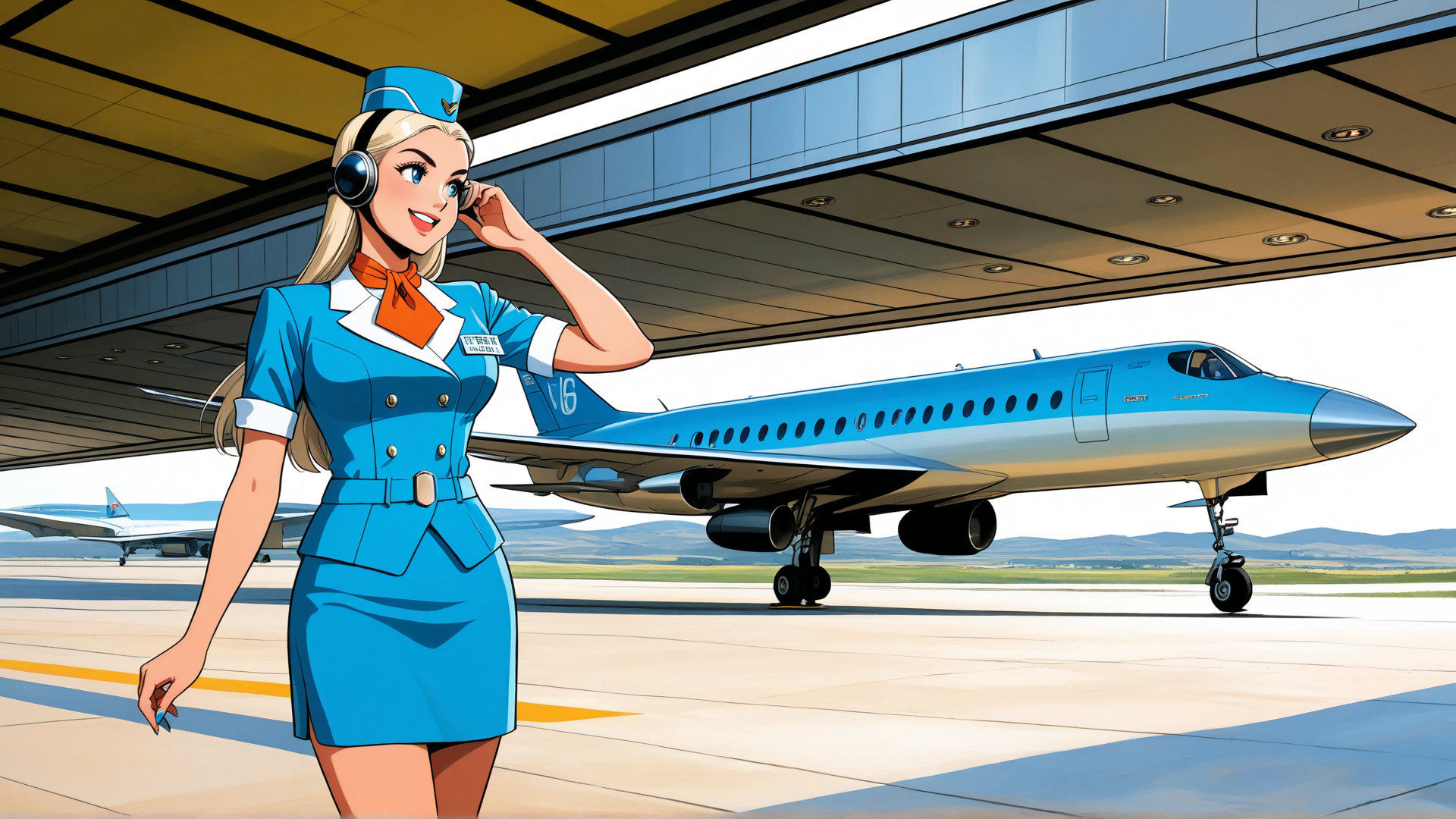 AI generated wallpaper featuring air hostess, airplane, airport, terminal, uniform, headset, blonde hair, blue dress, orange scarf, flight attendant