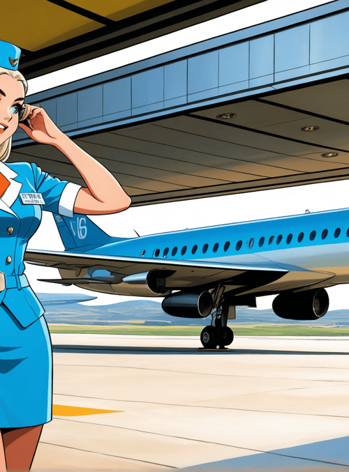 air hostess, airplane, airport, terminal, uniform, headset, blonde hair, blue dress, orange scarf, flight attendant