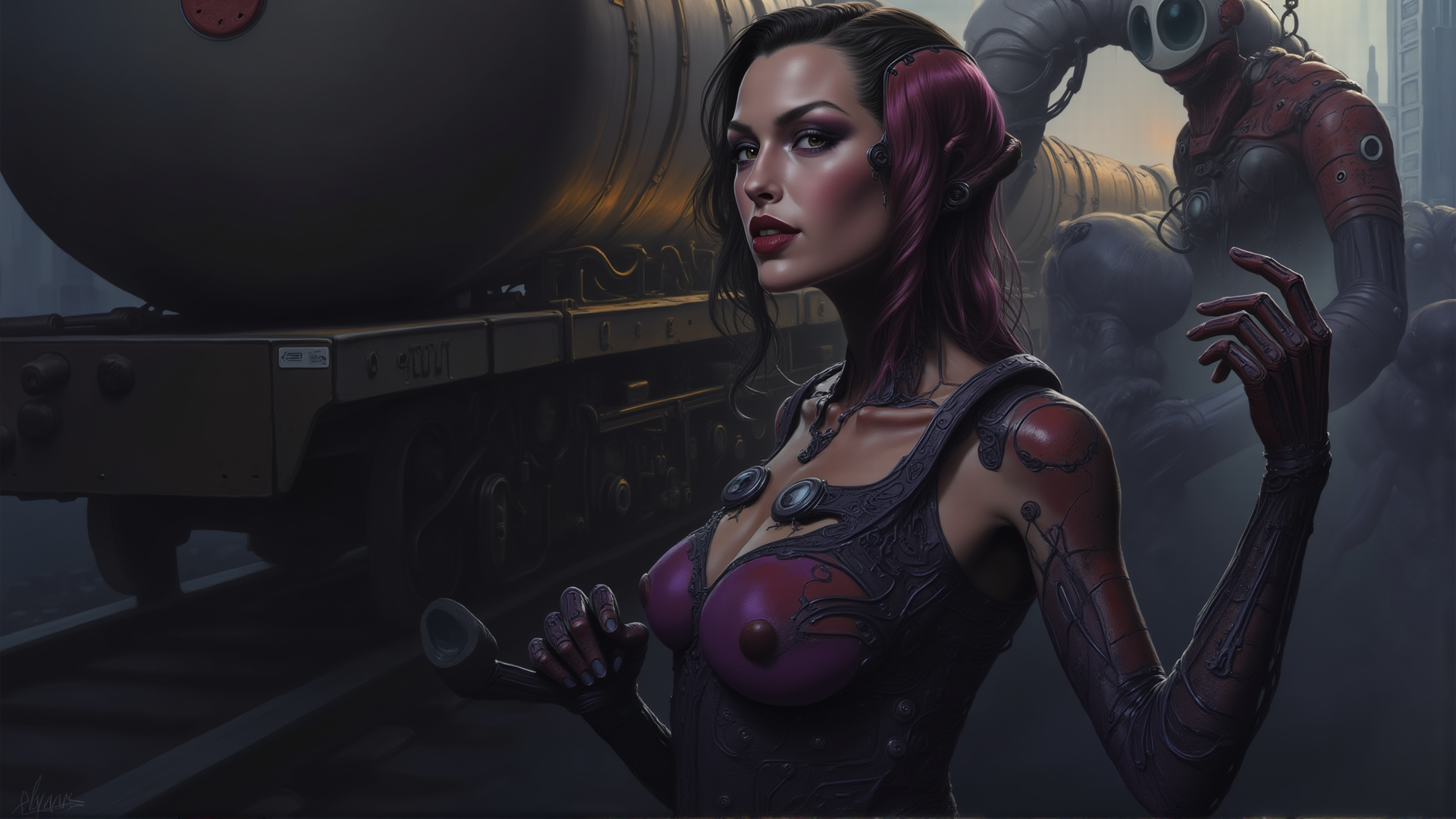 AI generated wallpaper featuring cyborg, woman, robot, train, futuristic