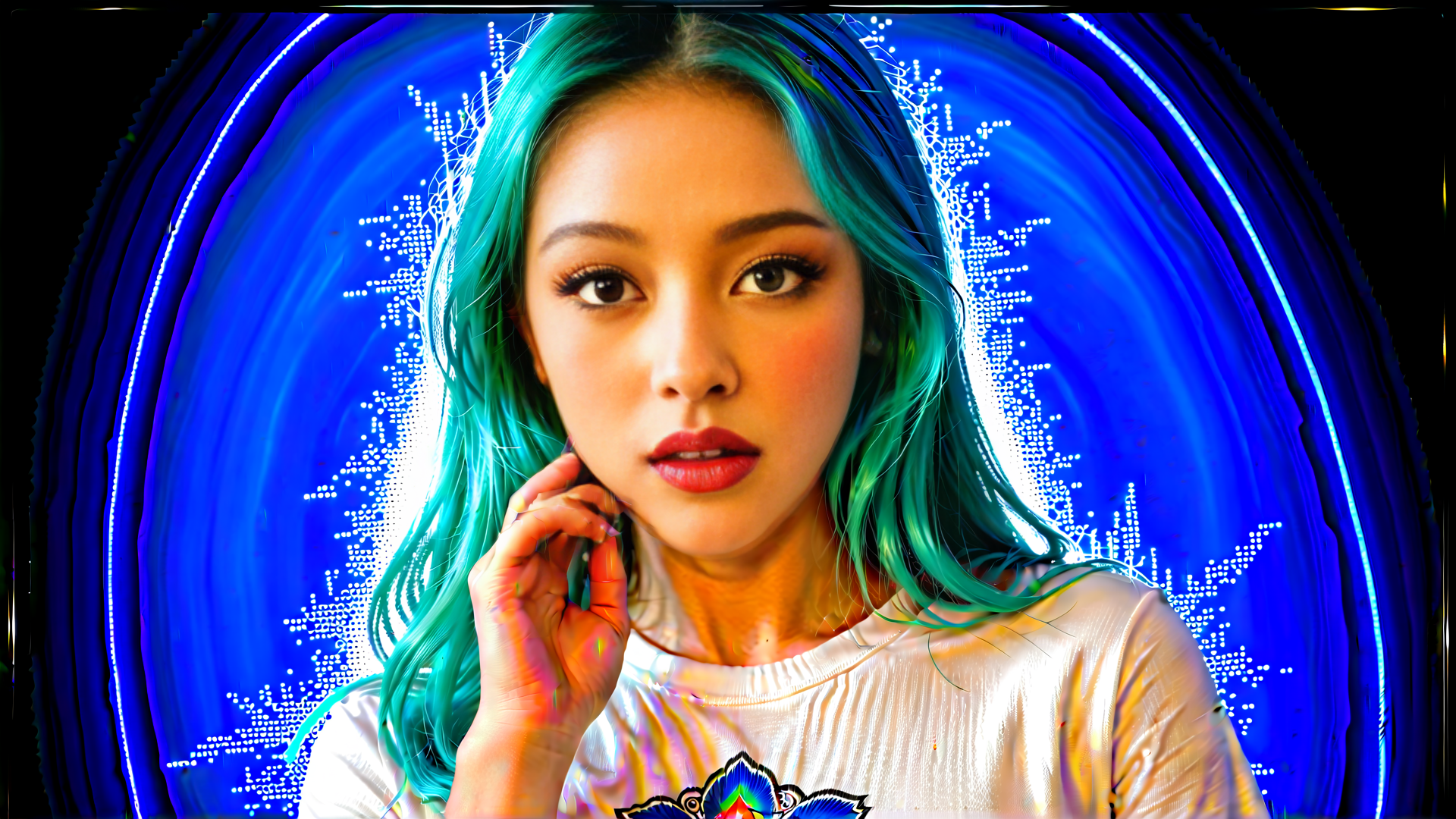 AI generated wallpaper featuring woman, hair, phone