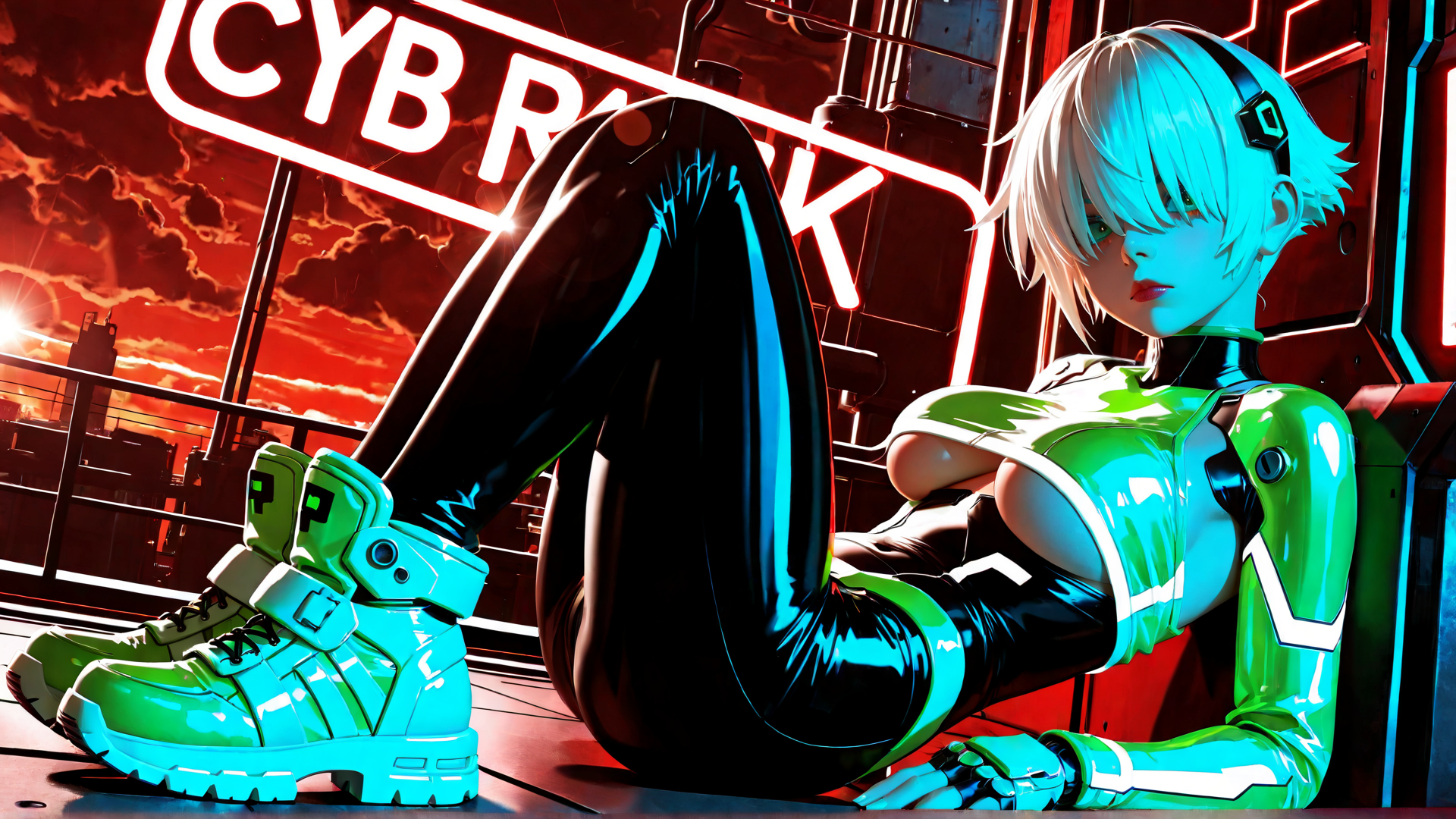 AI generated wallpaper featuring cyborg, girl, neon, cityscape, sneakers, futuristic, robot, outfit, sign, background